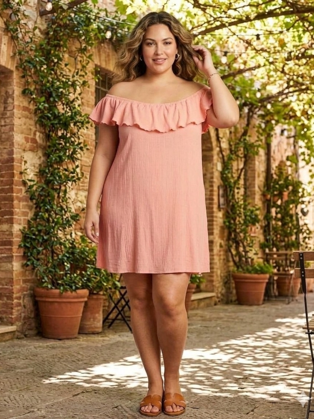 52seven Coral Pink Crinkle Ruffle Off-Shoulder Dress Plus Size 3X